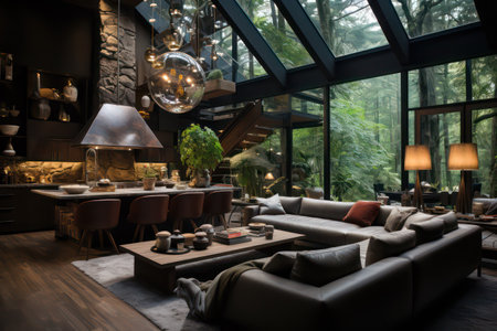 Interior of a cozy restaurant with a glass wall, sofa and coffee tableの素材