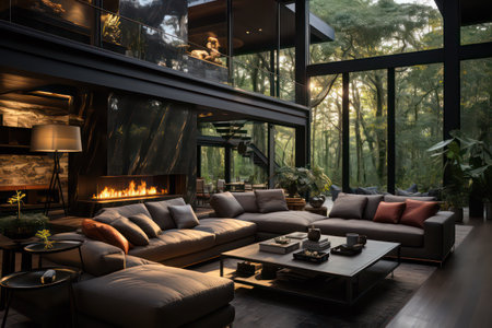 Interior of modern living room with fireplace, sofa and armchairの素材