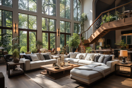 Interior of modern living room with wooden floor, sofa and armchairの素材