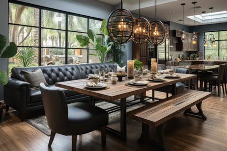 interior of luxury restaurant with black sofa and wooden table, 3d renderの素材