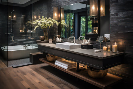 Luxury bathroom interior design with black marble walls, wooden floor, large mirror and sink with mirror. 3d renderingの素材
