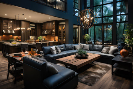 Interior of a modern living room with sofa, coffee table and black armchairsの素材