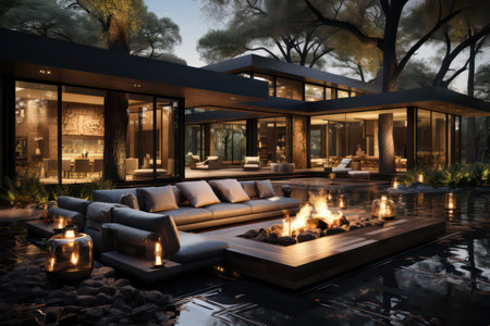3d rendering of modern cozy chalet with pool and parking for sale or rent. Beautiful forest on background. Clear summer night with many stars on the sky.の素材
