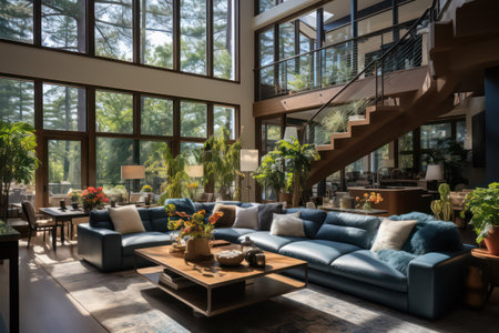 Luxury interior of living room with blue sofa and wooden coffee tableの素材