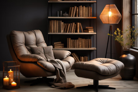 Comfortable armchairs near bookshelf in room. Interior designの素材