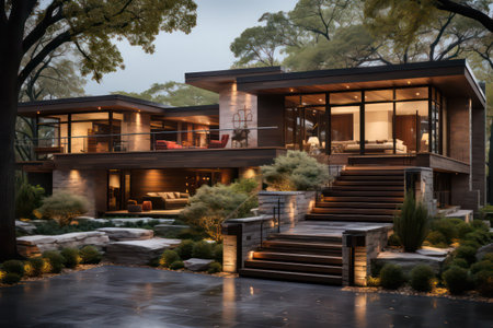 3d rendering of modern cozy chalet with pool and parking for sale or rent. Massive timber beams columns. Clear summer night with many stars on the sky.の素材