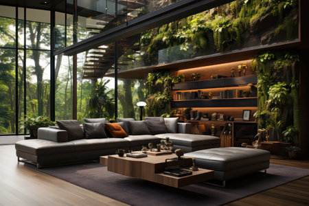 Interior of modern living room with brown sofa, coffee table and bookshelfの素材