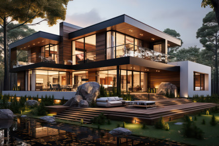 3d rendering of modern cozy house with pool and parking for sale or rent in luxurious style and beautiful landscaping on background. Clear summer evening with cozy light from window.の素材