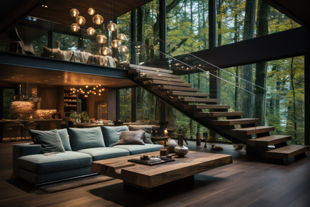 Interior of modern living room in loft style with wooden stairs and sofaの素材