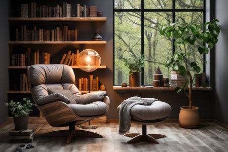 Comfortable armchair in modern living room interior with bookshelf and plantの素材