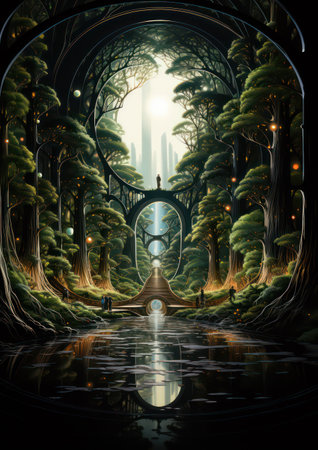 Mystical dark forest with a man on the bridge. 3D renderingの素材