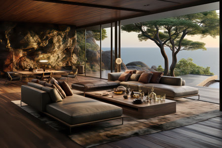 3d rendering of modern luxury living room with sea view and wooden floorの素材