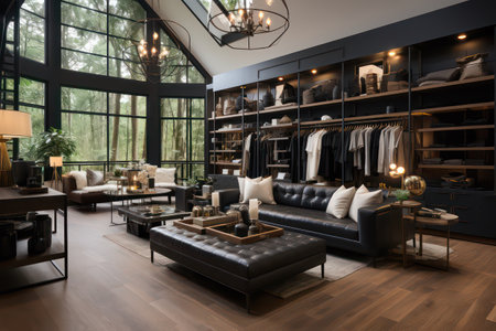 Luxury living room interior design with black leather sofa and wooden floorの素材