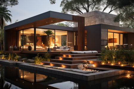 3d rendering of modern cozy house with pool and parking for sale or rent in luxurious style and beautiful landscaping on background. Clear summer night with many stars on the sky.の素材