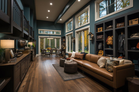 Luxury living room with nice furniture and wooden floor. Northwest, USAの素材