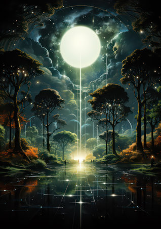 Fantasy landscape with full moon and trees. 3D illustration.の素材