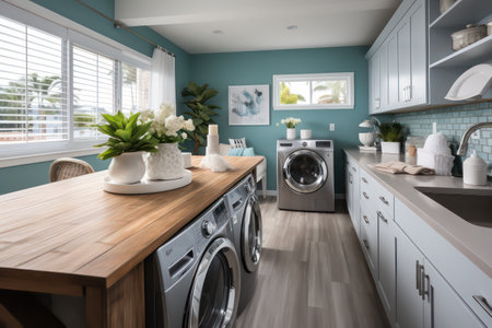 Laundry room interior with washing machine and washing machine in modern houseの素材