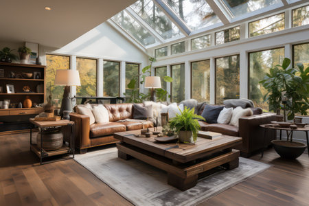 Interior of modern living room with sofa, coffee table and plantsの素材