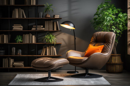 Modern living room interior with armchair, bookshelf and plant. 3d renderの素材
