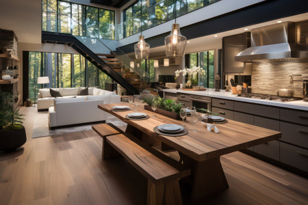 Interior of modern kitchen with wooden table and chairs in luxury houseの素材