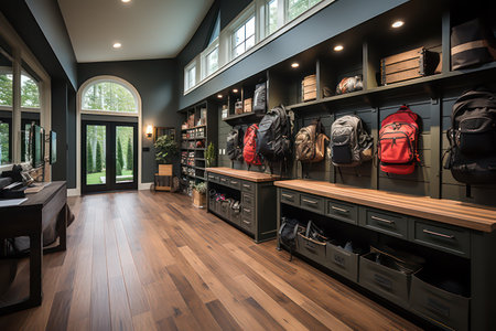 Luxury interior of a modern school library with bookshelvesの素材