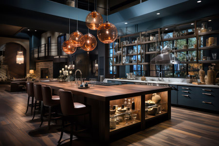 Interior of a modern luxury restaurant with dark blue walls and wooden floorの素材