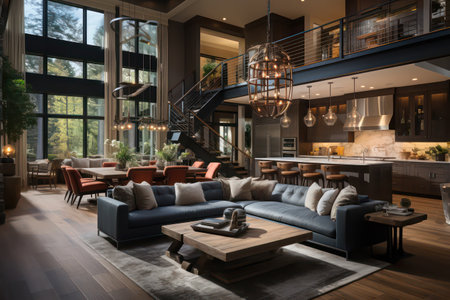 Interior of modern living room with furniture, sofa and coffee tableの素材