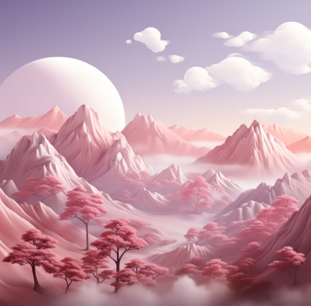 Fantasy landscape with mountain and full moon. 3D illustration.の素材