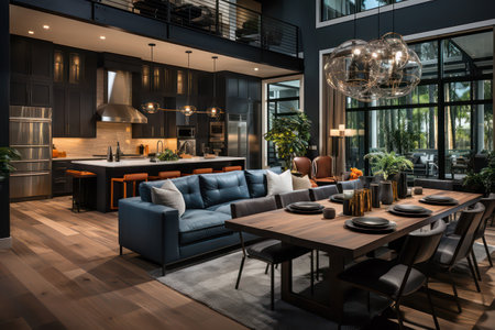 Luxury interior of a modern living room with furniture and a beautiful view.の素材