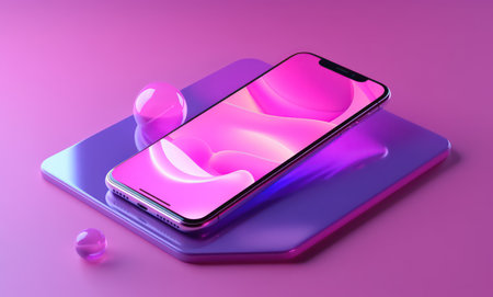 3d rendering of a smartphone with a pink screen on a purple backgroundの素材
