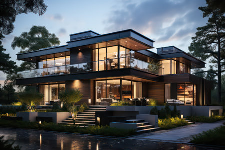 3d rendering of modern cozy house with pool and parking for sale or rent in luxurious style and beautiful landscaping on background. Clear summer night with golden light from window.の素材