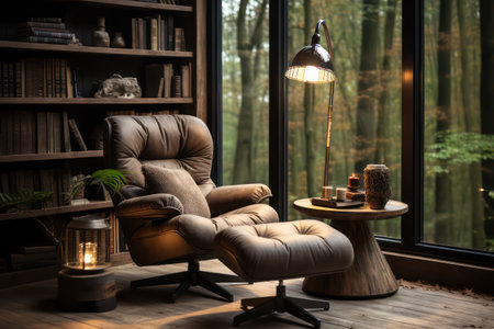 Comfortable armchair in the interior of the room with bookshelvesの素材