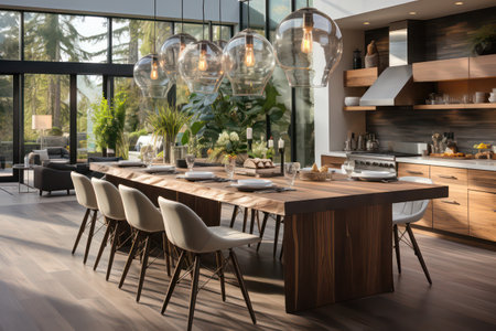Interior of modern dining room with wooden table and chairs. 3d renderingの素材