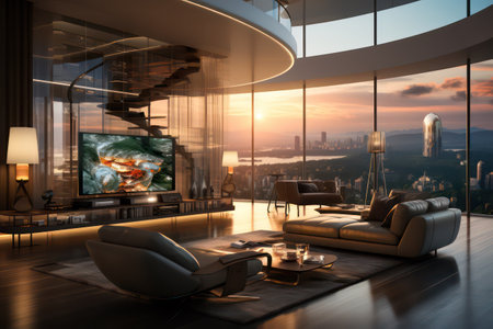 3d render of modern living room with panoramic city viewの素材