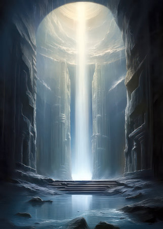 Mystical door in ancient temple, 3d rendering. Computer digital drawing.の素材