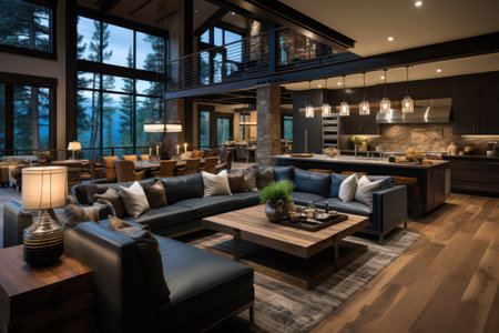 Luxury living room interior design with blue sofa, coffee table and fireplaceの素材