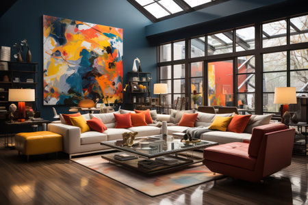 Interior of modern living room with furniture and painting on the wallの素材