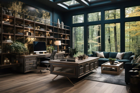 3d rendering interior of a modern living room with a large windowの素材