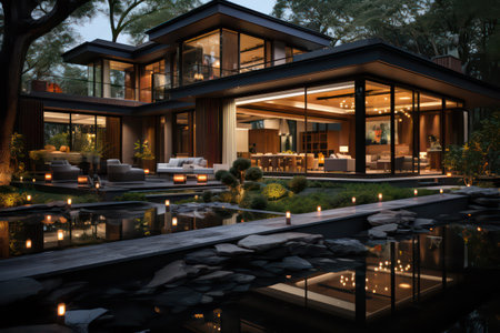 3d rendering of modern cozy house with parking and pool for sale or rent in luxurious style and beautiful landscaping on background. Clear summer night with many stars on the sky.の素材