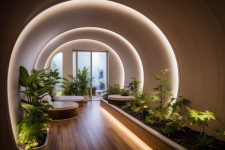 Interior of a modern house with arches and plants. Nobody insideの素材