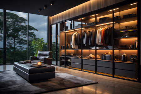 Interior of modern living room with black leather sofa, coffee table and wardrobe on the wall. 3d renderingの素材