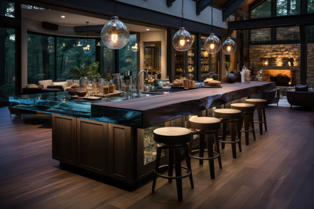 Interior of modern restaurant with wooden table, chairs and decorative lampsの素材