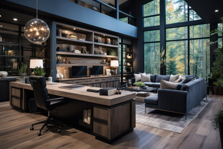 Interior of modern living room with furniture and fireplace. Nobody insideの素材