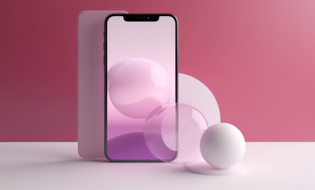 Mobile phone with pink screen and white sphere on the table. 3D renderingの素材