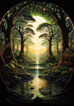Fantasy landscape with forest, river and tree. Digital painting.の素材