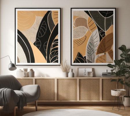 Interior of modern scandinavian living room with beige walls, wooden floor, comfortable armchair and posters. 3d renderingの素材