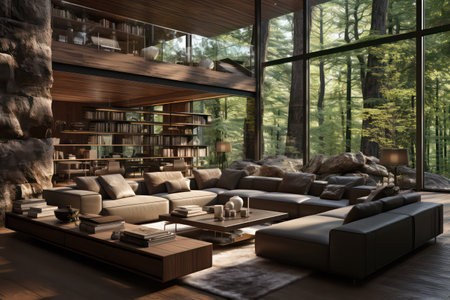 3d rendering interior of modern living room with bookshelf and sofaの素材