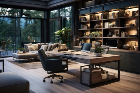 3d rendering interior of modern living room and working space with bookshelfの素材