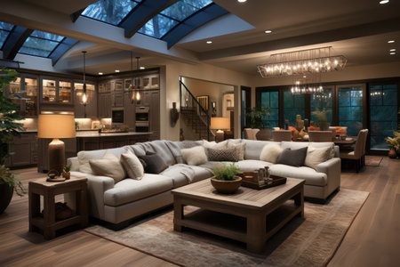 Interior of a modern living room. Evening lighting. 3D renderingの素材