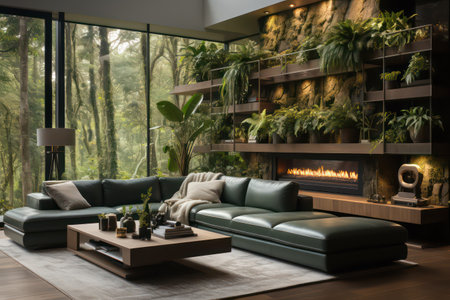 Modern living room interior design with green sofa, coffee table and plants. 3d renderingの素材
